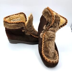 Snowland Brown Suede Leather Faux Fur Boots Sherpa Lined England Womens 6 Vtg